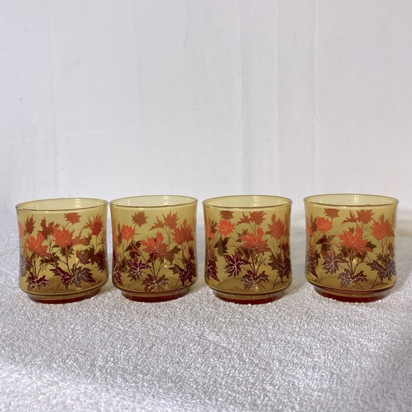 Vintage Libby Amber Glass Autumn Leaf Pattern Juice Glasses x4 - Picture 5 of 11